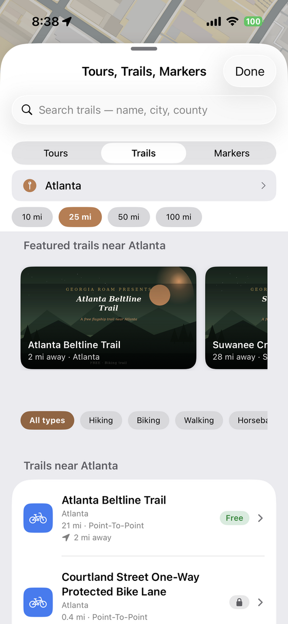 Tours & Trails in the Georgia Roam iOS app
